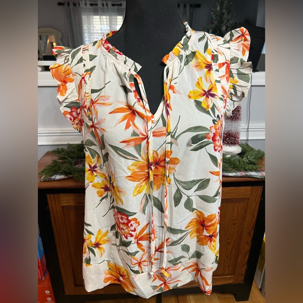 DR2 Women’s Floral Ruffle Sleeve Top - Orange and Green